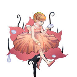  aldnoah.zero bare_shoulders blonde_hair blue_eyes braid chino_kawashiku commentary_request cosplay dew_drop dress eddelrittuo female flats flower full_body holding jewelry necklace on_flower pearl_necklace photoshop_(medium) plant ribbon simple_background sitting solo stone surreal thumbelina thumbelina_(character) thumbelina_(character)_(cosplay) water_drop white_background wristband 