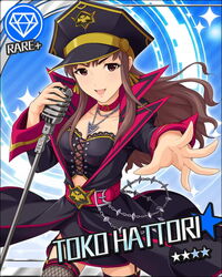  belt belt_buckle blue_background brown_eyes brown_hair buckle card_(medium) chains character_name coat collar female fishnet_thighhighs fishnets foreshortening garter_straps gem_(symbol) hat hattori_toko idol idolmaster idolmaster_cinderella_girls jewelry jpeg_artifacts long_hair looking_at_viewer microphone necklace official_art smile solo thighhighs 