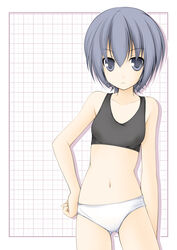  :&lt; blue_eyes blue_hair commentary_request female hand_on_own_hip highres minami-ke minami_touma navel panties short_hair solo sports_bra tapioka_(coconuts) underwear underwear_only 