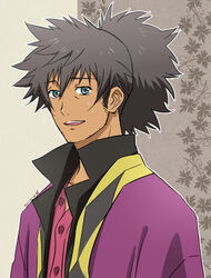  1boy black_hair commentary_request dated green_eyes grey_background hanosuke male_focus ponytail raven_(tales) smile solo sweatdrop tales_of_(series) tales_of_vesperia 