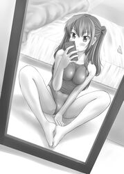  barefoot bed breasts butterfly_sitting cellphone commentary_request competition_swimsuit covered_nipples female greyscale highres large_breasts long_hair mirror monochrome one-piece_swimsuit original panties phone reflection selfie sitting solo swimsuit tk4 twintails underwear unworn_panties 