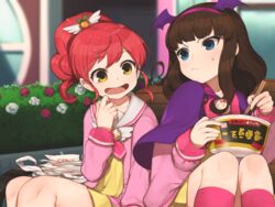  2girls blue_eyes blush bowl brown_hair cape chopsticks commentary_request cup_ramen drooling food hair_ornament hitoto kurosu_aroma long_hair multiple_girls noodles open_mouth pack_noodles ponytail pretty_series pripara ramen red_hair shiratama_mikan sitting smile yellow_eyes 