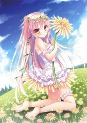  absurdres bare_shoulders barefoot breasts brown_eyes dandelion day dress female field flower flower_field hair_between_eyes head_wreath highres holding holding_flower kneeling long_hair looking_at_viewer medium_breasts original outdoors pink_hair rokudou_itsuki solo thigh_strap white_dress 