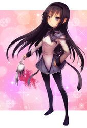  akemi_homura akemi_homura_(magical_girl) black_hair black_hairband boots breasts commentary_request female guro hairband hand_on_own_hip highres kyuubee long_hair magical_girl mahou_shoujo_madoka_magica mahou_shoujo_madoka_magica_(anime) pantyhose photoshop_(medium) purple_eyes small_breasts solo sparkle standing tsukuru_(seki_sabato) 