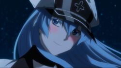  akame_ga_kill! animated animated blue_eyes blue_hair blush esdeath esdese female hat long_hair smile solo square_enix 