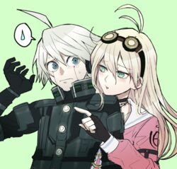  1boy ahoge bad_id bad_pixiv_id blonde_hair blue_eyes blush choker commentary_request danganronpa_(series) danganronpa_v3:_killing_harmony female fingerless_gloves gloves goggles goggles_on_head green_eyes grey_hair highres iruma_miu k1-b0 long_hair school_uniform xino 