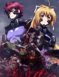  1boy absurdres ahoge antenna_hair blonde_hair blood blood_splatter blood_spray bodysuit female fortified_suit frown german_text glowing glowing_eye green_eyes hair_ribbon highres katia_waldheim key_visual long_hair mecha mig-21_balalaika_(muv-luv) muv-luv muv-luv_alternative official_art open_mouth pilot_suit ponytail promotional_art red_hair ribbon robot schwarzesmarken science_fiction snow snowing tactical_surface_fighter theodor_edelbach very_long_hair yellow_eyes 