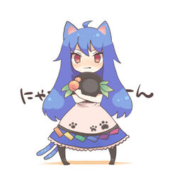  ahoge animal_ears bad_id bad_pixiv_id blue_hair blush cat_ears cat_tail chibi female food fruit hat hat_on_chest hinanawi_tenshi holding holding_clothes holding_hat hugging_object kemonomimi_mode konbu_ame long_hair looking_at_viewer multiple_tails nyan peach purple_hair red_eyes simple_background solo standing tail touhou twintails unworn_hat unworn_headwear 