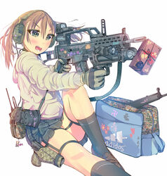  adidas ai_ai_gasa ammunition_pouch assault_rifle bag battle_rifle black_flower black_gloves black_rose black_socks blue_bag blush brand_name_imitation brown_eyes brown_footwear brown_hair camouflage camouflage_bag commentary_request daito drawstring drum_magazine dual_drum_magazine female flecktarn flower flower_(symbol) folding_stock foot_out_of_frame gift gloves green_eyes green_skirt grenade_launcher grey_gloves grey_hoodie gun gun_sling h&amp;k_ag36 h&amp;k_g3 h&amp;k_g36 handgun handle headset heart heart-shaped_pupils heart_print heckler_&amp;_koch highres holding holding_gun holding_weapon holster holstered hood hood_down hoodie kanji logo long_bangs long_sleeves looking_ahead magazine_(weapon) multicolored_bag open_mouth optical_sight original pleated_skirt pouch radio radio_antenna rifle rose school_bag school_uniform serafuku short_hair simple_background sitting skirt socks solo swastika symbol-shaped_pupils tally teeth thigh_strap tic-tac-toe tsurime twintails two-tone_gloves underbarrel_grenade_launcher unworn_bag valentine weapon white_background 