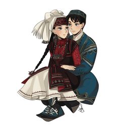  1boy absurdres aged_up amira bad_id bad_pixiv_id blush boots braid couple earrings female hat head_scarf highres hug hug_from_behind husband_and_wife jewelry karluk kazakh_clothes kazakhstan long_hair otoyomegatari short_hair single_braid sitting straight uygur_clothes uzbek_clothes white_background yeonji_kim 