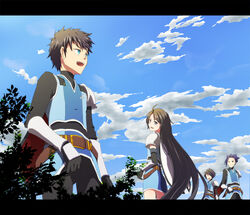  3boys black_hair blue_hair casey_(tales) character_request cloud commentary_request damuron_atomaisu day female green_eyes letterboxed long_hair multiple_boys sky spoilers tales_of_(series) tales_of_vesperia uniform very_long_hair yeager_(tales) yoshida_nishi 