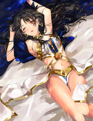  ;o armpits arms_up ass_visible_through_thighs bad_id bad_pixiv_id bed_sheet black_hair black_ribbon blush breasts cleavage collar earrings fate/grand_order fate_(series) female from_above hair_ribbon highres i_(yunyuniraaka) ishtar_(fate) jewelry light_particles long_legs looking_at_viewer lying medium_breasts messy_hair navel on_back on_bed one_eye_closed open_mouth photoshop_(medium) red_eyes ribbon solo sparkle strapless thigh_gap thighs waist_cape 