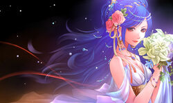  arabian_nights bare_arms bare_shoulders blue_flower blue_gemstone blue_hair bouquet bracelet braid breasts brown_eyes cleavage commentary_request crown_braid dress earrings eyeshadow female floating_hair flower gem hair_flower hair_ornament hair_ribbon hands_up holding holding_bouquet jewelry lily_(flower) lips lipstick long_hair looking_at_viewer looking_to_the_side makeup necklace orange_eyes original pearl_hair_ornament pendant pink_flower pink_rose ribbon ribbon_braid rose satochi_(1122) scheherazade_(arabian_nights) smile solo upper_body white_flower white_lily 