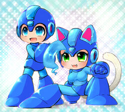  1boy :3 ahoge animal_ears arm_cannon bad_id bad_pixiv_id blue_eyes blue_hair breasts capcom cat_ears cat_tail chibi claws company_connection cosplay felicia_(vampire) female full_body green_eyes helmet large_breasts mega_man_(character) mega_man_(character)_(cosplay) mega_man_(classic) mega_man_(series) monokawa_yardock oerba_yun_fang open_mouth pocket_fighter smile tail vampire_(game) weapon 