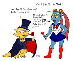  alphys anthro bottomless breasts cleavage clothed clothing cosplay dialogue digital_media_(artwork) duo english_text female female/female flat_colors flower_in_mouth non-mammal_breasts open_mouth sailor_moon_(character) sailor_moon_(series) scalie sen_grisane_(artist) signature text tuxedo_mask undertale undertale_(series) undyne 