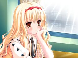  alcot_(company) arisugawa_yuuhi blonde_hair blush buttons day fairchild female game_cg hair_ornament hair_ribbon hairband hand_on_own_cheek hand_on_own_chin hand_on_own_face head_rest indoors light_rays long_hair necktie nimura_yuuji orange_eyes puffy_sleeves red_ribbon ribbon school_uniform short_sleeves sitting smile solo sunbeam sunlight very_long_hair wavy_hair window 