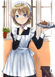  alternate_costume apron bad_id bad_pixiv_id black_dress blonde_hair blue_eyes braid cake cup darjeeling_(girls_und_panzer) dress enmaided female flag food girls_und_panzer indoors latte_art long_dress long_sleeves maid maid_headdress military military_vehicle motor_vehicle short_hair smile solo tank teacup twin_braids umasanjin united_kingdom window 