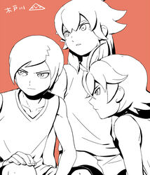  3boys bad_id bad_pixiv_id inazuma_eleven_(series) inazuma_eleven_go izumi_kanaaki kishibe_taiga long_hair male_focus mizuhara_aki monochrome multiple_boys parted_lips simple_background sleeveless tobisawa_mana 