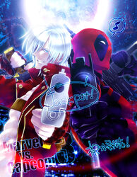  2boys bad_id bad_pixiv_id blue_eyes blue_sky blurry blurry_background bodysuit buttons capcom character_name coat copyright_name crossover dante_(devil_may_cry) deadpool deadpool_(series) devil_may_cry_(series) die_(f_mega) dual_wielding ebony_&amp;_ivory finger_on_trigger full_moon grin gun handgun holding holding_gun holding_weapon impact_(font) looking_at_viewer male_focus marvel marvel_vs._capcom marvel_vs._capcom_3 mask moon multiple_boys musical_note night night_sky open_clothes open_coat pointing_gun red_bodysuit red_coat sky smile spoken_musical_note star_(symbol) submachine_gun topless_male trench_coat unbuttoned upper_body uzi weapon white_hair 