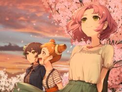  3girls :d aikatsu! aikatsu!_(series) arisugawa_otome blue_jacket blush bow breast_pocket breasts brown_eyes brown_hair casual cherry_blossoms collarbone collared_shirt commentary_request cone_hair_bun double_bun flower green_bow green_eyes green_skirt hair_bun hair_flower hair_ornament hairbow hitoto jacket jewelry kamiya_shion kitaoji_sakura long_hair looking_up medium_breasts multiple_girls necklace open_mouth outdoors pink_hair plaid plaid_shirt pocket shirt short_hair skirt smile striped_clothes striped_shirt suspenders teeth tongue upper_teeth_only white_shirt 