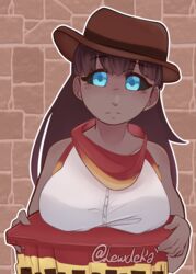  black_sclera blue_eyes bowler_hat brown_hair dark-skinned_female dark_skin golem hat holding_breast humanization humanized lewdeka long_hair minecraft minecraft_mob mob_vote monster_girl rule_63 tuff_golem white_shirt 