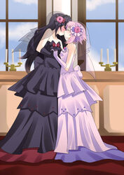  2girls black_dress black_hair blush breasts candles closed_eyes clouds dress female_only flower_in_hair gloves holding_hands kissing long_hair lowres multiple_girls neptune_(neptunia) neptunia_(series) noire pink_hair short_hair sky small_breasts veil wedding_dress wife_and_wife window yuri yuries 