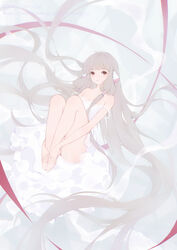  absurdly_long_hair absurdres ahoge blush chii chinese_commentary chobits commentary daichengqi dress female flat_color grey_hair hair_tubes highres hugging_own_legs knees_up layered_dress long_dress long_hair looking_at_viewer parted_lips pink_eyes ribbon robot_ears sidelocks sitting solo strap_slip very_long_hair web_address 