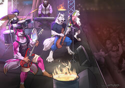  2023 alternative_fashion anthro athletic athletic_male audience band barefoot barrel bass_guitar bear black_hair black_nose bottomwear brown_body brown_fur canid canine canis chest_tuft claws closed_eyes clothing concert countershading deer denim denim_bottomwear denim_clothing detailed_background devil_horns_(gesture) digitigrade domestic_cat domestic_dog drum ear_piercing ear_ring electric_guitar electronics facial_hair facial_piercing fangs feet felid feline felis female fender_jaguar fender_musical_instruments_corporation fire fox fur gesture goatee green_body green_fur grey_body grey_fur group guitar hair hand_gesture hi_res horn hybrid jeans jon_sanders keyboard_instrument lizard male mammal metal microphone moose multicolored_body multicolored_fur musical_instrument new_world_deer nose_piercing nose_ring open_mouth pants percussion_instrument performance piano piercing pink_body pink_fur playing_drum playing_guitar playing_music playing_piano plucked_string_instrument precision_bass punk purple_hair reptile ring_piercing rock_band rocking_out rockstar scalie scrappyvamp septum_piercing septum_ring shirt shorts signature singing speaker stage string_instrument teeth thaddeus toe_claws topwear tuft white_body white_fur 