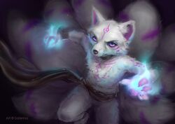  2019 9_tails ankle_band anthro asian_mythology attack blue_fire canid canine choker colored_fire east_asian_mythology etis featureless_crotch fingers fire fox fox_spirit fur glowing jewelry looking_at_viewer magic male mammal markings multi_tail mythology necklace nude purple_eyes running sash saterina simple_background solo tail white_body white_fur wristband 