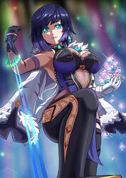  :d absurdres asymmetrical_gloves atawatsho aurora black_hair black_thighhighs blue_eyes blunt_bangs bracelet breasts chinese_clothes cleavage coat coat_on_shoulders commentary dual_wielding earrings english_commentary female fur-trimmed_coat fur_trim gem genshin_impact gloves highres holding holding_gem holding_rope intertwined_fate jewelry large_breasts looking_at_viewer mismatched_gloves night night_sky parted_bangs parted_lips primogem rope short_hair sidelocks sky sleeveless smile smirk solo star_(sky) starry_sky stomping thighhighs yelan_(genshin_impact) 