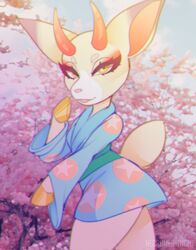  animal_crossing anthro artist_name asian_clothing blue_sky chromatic_aberration clothed clothing day deer demon detailed_background digital_media_(artwork) east_asian_clothing female hi_res japanese_clothing kimono looking_at_viewer mammal necromeowncer nintendo outside portrait shino_(animal_crossing) sky solo three-quarter_portrait 