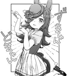  animal_ears arm_up blush bow bowtie commentary_request eyebrows_hidden_by_hair female flower golshi&#039;s_first_place_pose greyscale hair_over_one_eye hand_up hat hat_flower highres horse_ears horse_girl horse_pose horse_tail loafers long_hair looking_at_viewer miniskirt monochrome parted_lips pleated_skirt puffy_short_sleeves puffy_sleeves rice_shower_(umamusume) rose sailor_collar sailor_shirt school_uniform shirt shoes short_sleeves skirt socks solo standing standing_on_one_leg summer_uniform tail thighhighs tilted_headwear tracen_school_uniform translation_request umamusume umapyoi_densetsu yukie_(kusaka_shi) 