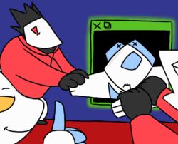  ambiguous_gender anonymous_artist avian blue_eyes clothing confident darkner deltarune felid female glowing group low_res mammal monster orange_eyes paws pulling_arms red_eyes scared stuck swatchling tasque tasque_manager undertale_(series) 