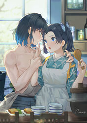  1boy antweiyi apron black_hair blue_eyes blue_hair butterfly_hair_ornament collarbone commentary_request day female forehead gradient_hair green_eyes hair_ornament hand_on_another&#039;s_shoulder hashibira_inosuke holding holding_another&#039;s_arm indoors japanese_clothes kanzaki_aoi_(kimetsu_no_yaiba) kimetsu_no_yaiba kitchen looking_at_another multicolored_hair muscular open_mouth shamoji short_hair signature single_bare_shoulder twintails window 