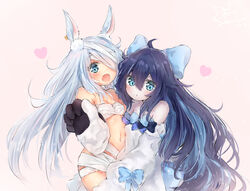  2girls animal_ears bandages blue_bow blue_eyes blue_hair blush bow breasts detached_sleeves grey_hair hair_between_eyes hair_over_one_eye hairbow heart little_witch_nobeta long_hair looking_at_viewer monica_(little_witch_nobeta) multiple_girls naked_bandage navel open_mouth rabbit_ears seboneko sidelocks small_breasts tania_(little_witch_nobeta) very_long_hair 