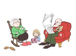  1boy 2girls bald bandaid beige_shirt blonde_hair canine chair commentary cosplay couch courage_(character) courage_the_cowardly_dog crossover cup drill_hair drinking eustace_bagge glasses green_jacket green_neckwear idolmaster idolmaster_cinderella_girls idolmaster_cinderella_girls_starlight_stage jacket morikubo_nono multiple_girls muriel_bagge necktie newspaper reading rocking_chair rolling_pin senkawa_chihiro senkawa_chihiro_(cosplay) shiming_liangjing slippers symbol-only_commentary toon_(style) white_hair yellow_necktie 