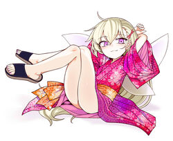  :3 arms_behind_head black_footwear blonde_hair blush closed_mouth clownpiece crossed_legs fairy_wings female hair_ornament hairclip highres japanese_clothes kimono long_hair looking_at_viewer obi orange_sash pink_kimono purple_eyes sash simple_background sitting slippers smile smug solo touhou variant_set very_long_hair white_background wings x_hair_ornament yassy 