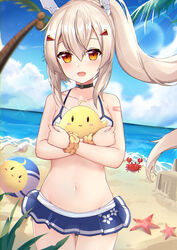  :d animal ayanami_(azur_lane) azur_lane bandaid bare_arms bare_shoulders beach bikini bird black_choker blonde_hair blue_skirt breasts chick choker collarbone cowboy_shot crab day female floating_hair groin hair_ornament kana_(kuaua) long_hair looking_at_viewer manjuu_(azur_lane) medium_breasts miniskirt navel ocean open_mouth orange_eyes outdoors palm_tree photoshop_(medium) ponytail sand skirt sky smile solo stomach string_bikini swimsuit tree water white_bikini 