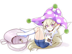  :3 arms_behind_head backpack bag blonde_hair blue_shorts clownpiece denim denim_shorts fairy_wings female hair_ornament hat highres jester_cap legs_up long_hair looking_at_viewer name_tag no_shoes print_shirt raglan_sleeves randoseru shirt shorts sitting smug socks solo touhou unworn_backpack unworn_bag variant_set very_long_hair white_socks wings x_hair_ornament yassy 