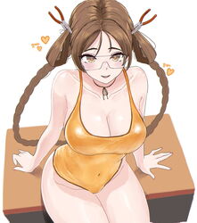  :d absurdres aged_up arin6006 arm_support blush braid breasts brown_hair cleavage collarbone covered_navel doctor_(last_origin) feet_out_of_frame female goggles groin heart highres korean_commentary large_breasts last_origin leotard long_hair looking_at_viewer pliers round_teeth sitting skin_tight smile solo teeth transparent_eyewear twin_braids very_long_hair yellow_leotard 