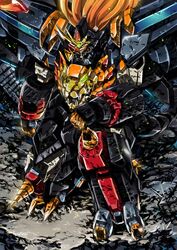  arm_on_knee bad_id bad_pixiv_id blue_eyes clenched_hands commentary_request drill floating_hair garimpeiro genesic_gaogaigar glowing glowing_eyes green_eyes heterochromia highres kneeling looking_down mecha mecha_focus no_humans orange_hair red_eyes robot science_fiction super_robot yuusha_ou_gaogaigar yuusha_ou_gaogaigar_final yuusha_series 