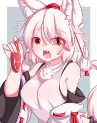  ^^^ absurdres animal_ears bad_id bad_pixiv_id bare_shoulders blush breasts detached_sleeves dior-zi eyes_visible_through_hair female food hat highres inubashiri_momiji large_breasts looking_at_viewer meat open_mouth pom_pom_(clothes) red_eyes ribbon-trimmed_sleeves ribbon_trim saliva saliva_trail shirt short_hair sleeveless sleeveless_shirt solo tail tokin_hat touhou turtleneck white_hair white_shirt wolf_ears wolf_tail 