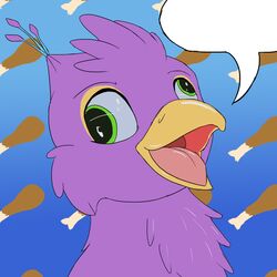  1:1 avian beak bird derp_eyes drumstick_(food) feathers feral galliform green_eyes gryphon gyro_feather hi_res magicalfurry male mythological_avian mythological_creature mythology open_mouth peafowl phasianid pink_body solo speech_bubble 