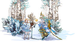  2girls absurdres antlers bad_id bad_pixiv_id blonde_hair blue_dress blue_eyes blue_hair blush bush christmas_ornaments dress flat_chest floating_hair forest fur_scarf gloves greatwhite1122 gundam gundam_narrative hair_behind_ear highres holding holding_staff horns humanization looking_at_viewer mecha_musume multicolored_hair multiple_girls nature open_hands rita_bernal single_horn smile snow staff streaked_hair twintails unicorn_gundam_phenex white_dress white_gloves winter 