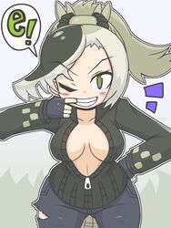  arm_up asymmetrical_hair black_gloves blush_stickers breasts collared_jacket cowboy_shot crocodile_girl crocodilian_tail female finger_in_own_mouth fingerless_gloves full-length_zipper gloves green_eyes green_hair green_jacket grey_hair grin hand_on_own_hip high_ponytail jacket kemono_friends leaning_forward long_hair long_sleeves looking_at_viewer medium_breasts mouth_pull multicolored_hair no_bra one_eye_closed outline pants partially_unzipped saltwater_crocodile_(kemono_friends) smile solo tail teeth torn_clothes torn_pants v-shaped_eyebrows white_outline wirou zipper 