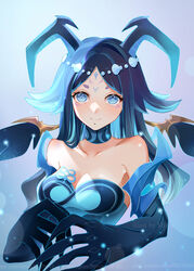  absurdres artist_name bare_shoulders blue_eyes blue_hair bonanus_(genshin_impact) breasts cleavage collarbone facial_mark female genshin_impact highres horns long_hair looking_at_viewer medium_breasts mihan77108047 parted_bangs short_eyebrows smile solo 