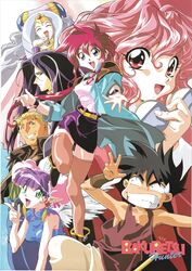  1990s_(style) 3boys 4girls bakuretsu_hunters black_hair black_skirt blonde_hair blue_dress blunt_bangs bracer brown_legwear brown_shirt bun_cover carrot_glace china_dress chinese_clothes chocolate_misu closed_eyes constricted_pupils copyright_name daughter_(bakuretsu_hunters) double_bun dress earrings feathered_wings gateau_mocha gotou_keiji green_eyes grin hair_bun headdress holding holding_removed_eyewear jacket jewelry kanure_stella laughing long_hair loose_clothes loose_shirt marron_glace multiple_boys multiple_girls nervous non-web_source official_art open_clothes open_hand open_jacket open_mouth outstretched_arm pencil_skirt pink_hair pointy_ears purple_hair red_hair retro_artstyle round_eyewear shirt short_hair skirt sleeveless sleeveless_dress slit_pupils smile sweatdrop thighhighs tira_misu unworn_eyewear white_hair white_wings wings wristband 