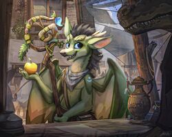  2021 4_fingers anthro apple blue_sclera blue_sky claws day detailed_background digital_media_(artwork) dragon finger_claws fingers food fruit gold_apple green_body group hi_res holding_apple holding_food holding_fruit holding_object horn jacato lamp looking_at_viewer male market marketplace membrane_(anatomy) membranous_wings mostly_offscreen_character mythological_creature mythological_scalie mythology oil_lamp outside paiku plant scalie scarf signature silhouette sky solo_focus staff standing wings 