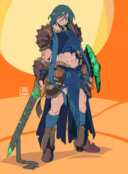  abs armor bags_under_eyes bandages bracer crop_top dungeons_and_dragons faulds female fsnowzombie highres holding holding_weapon horn_ornament horns jewelry loincloth looking_at_viewer muscular muscular_female necklace original ponytail scar scar_on_face short_hair shoulder_armor solo sword weapon 