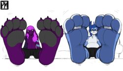  3_toes 4_toes anthro arm_tattoo barefoot bedroom_eyes black_pawpads blue_eyes blue_hair bottomwear claws clothed clothing countershade_face countershade_fur countershade_torso countershading digit_ring digital_media_(artwork) duo eyewear feet first_person_view foot_focus fur generation_1_pokemon glasses hair heartman98 hi_res jaelen jewelry lagomorph leporid liozn_the_spacebun looking_at_viewer male male/male mammal narrowed_eyes nintendo pawpads pink_hair pokemon pokemon_(species) purple_eyes rabbit relaxing ring seductive shorts simple_background sitting smile soles space tattoo toe_ring toes topless 